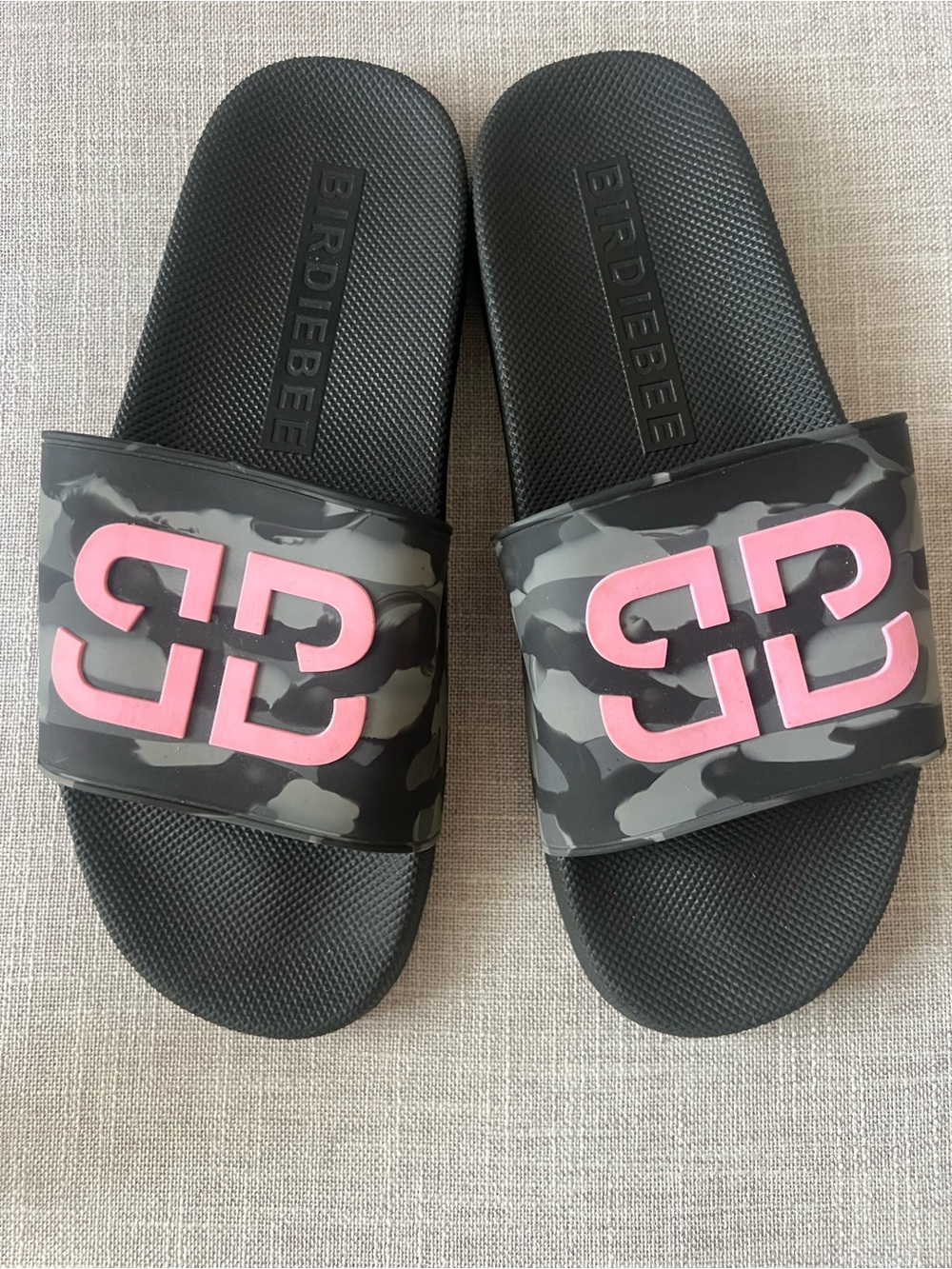 Birdiebee Black Camo Athleisure summer Slide Sandals with Pink Logo, Womens 9
